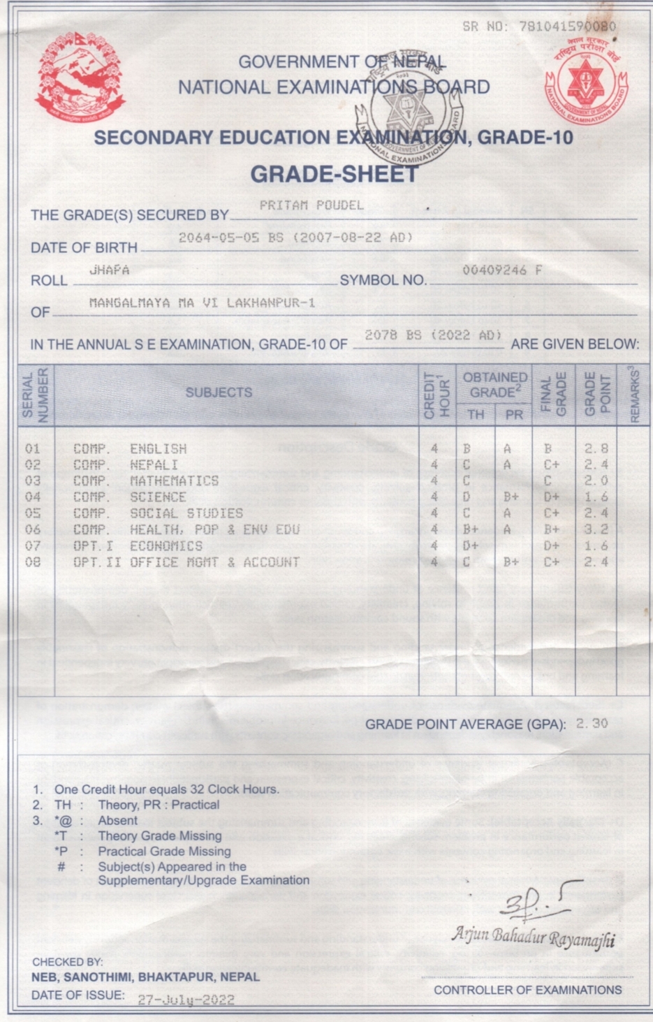 4. Photocopies of your last three grade reports.